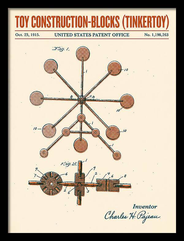 Toy Construction Blocks Tinkertoy Retro Patent Us1198263a