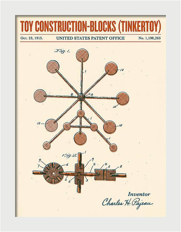 Toy Construction Blocks Tinkertoy Retro Patent Us1198263a