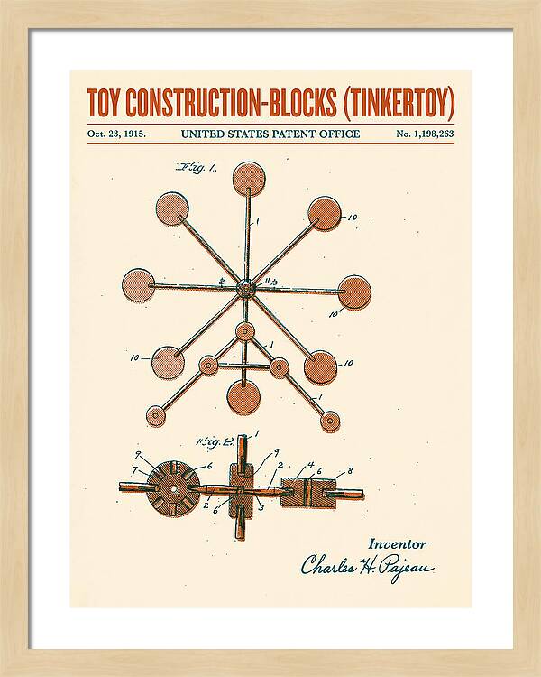 Toy Construction Blocks Tinkertoy Retro Patent Us1198263a