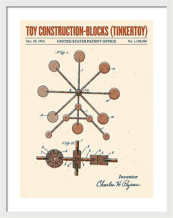Toy Construction Blocks Tinkertoy Retro Patent Us1198263a
