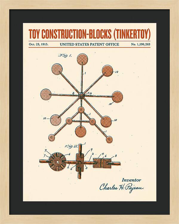 Toy Construction Blocks Tinkertoy Retro Patent Us1198263a