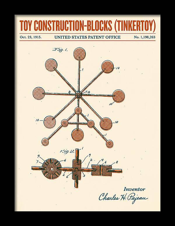 Toy Construction Blocks Tinkertoy Retro Patent Us1198263a