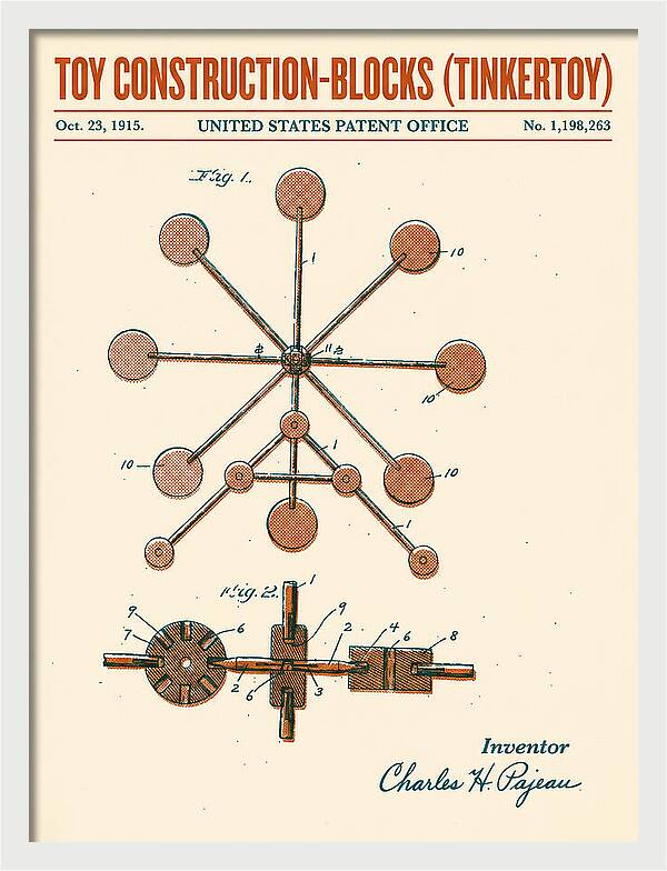 Toy Construction Blocks Tinkertoy Retro Patent Us1198263a