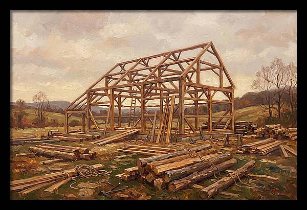 Traditional Barn Raising Scene