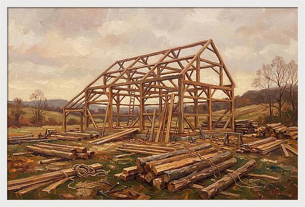 Traditional Barn Raising Scene