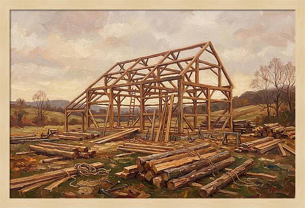 Traditional Barn Raising Scene
