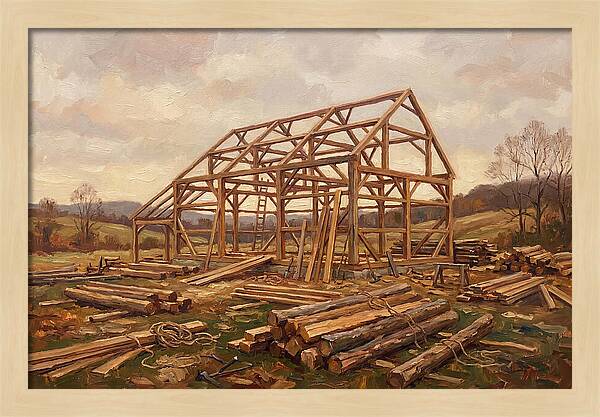 Traditional Barn Raising Scene
