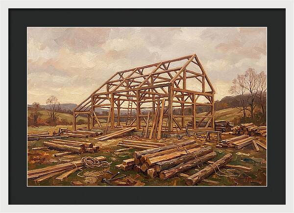 Traditional Barn Raising Scene