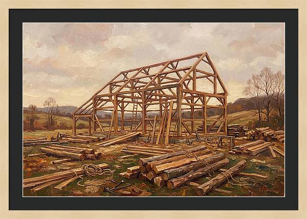 Traditional Barn Raising Scene