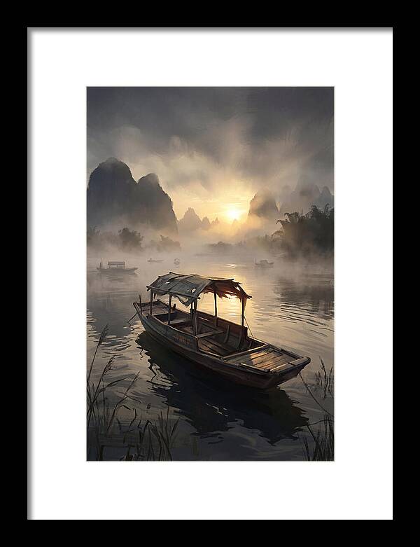 Traditional Wooden Sampan On Misty River