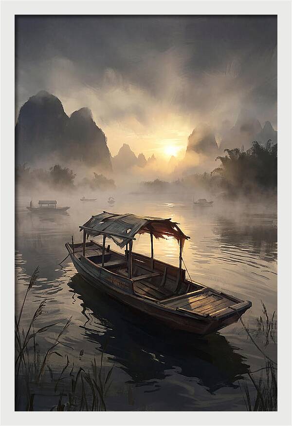 Traditional Wooden Sampan On Misty River