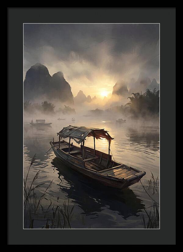 Traditional Wooden Sampan On Misty River