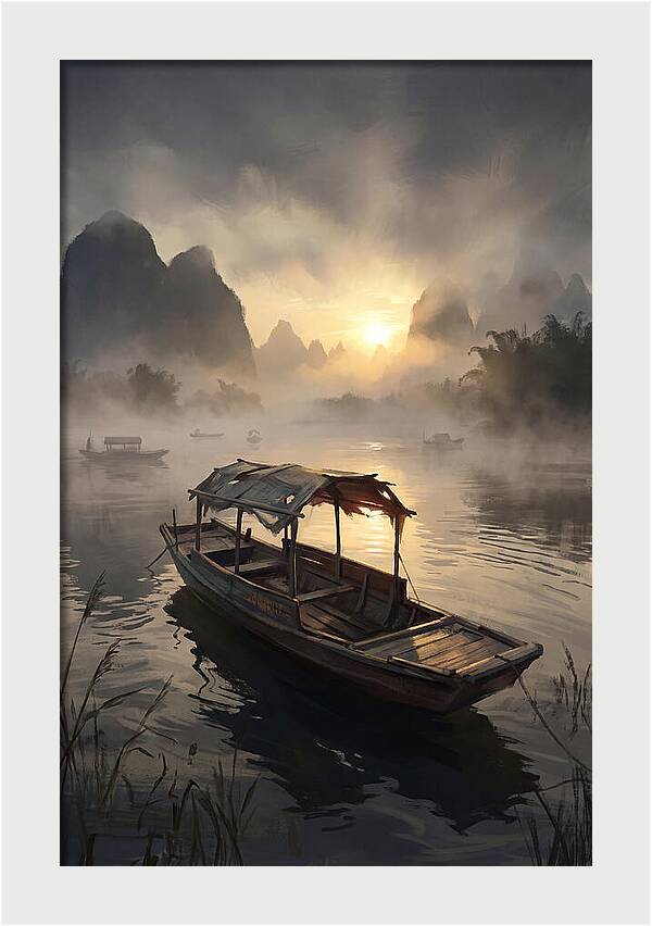 Traditional Wooden Sampan On Misty River