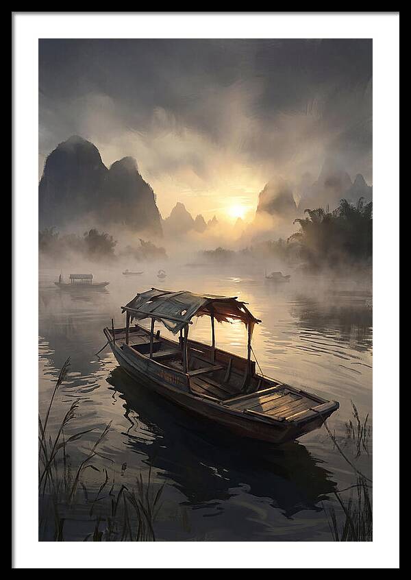 Traditional Wooden Sampan On Misty River