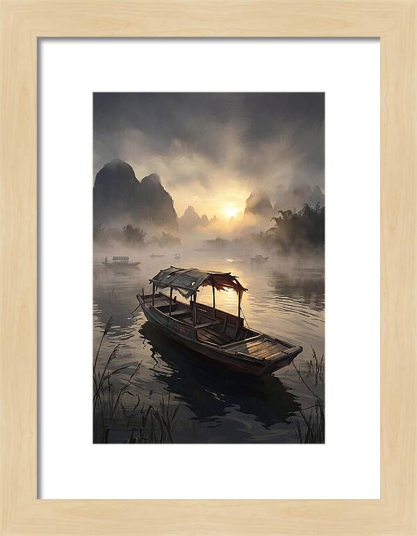 Traditional Wooden Sampan On Misty River