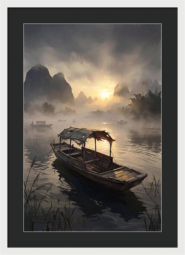 Traditional Wooden Sampan On Misty River