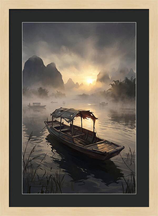 Traditional Wooden Sampan On Misty River