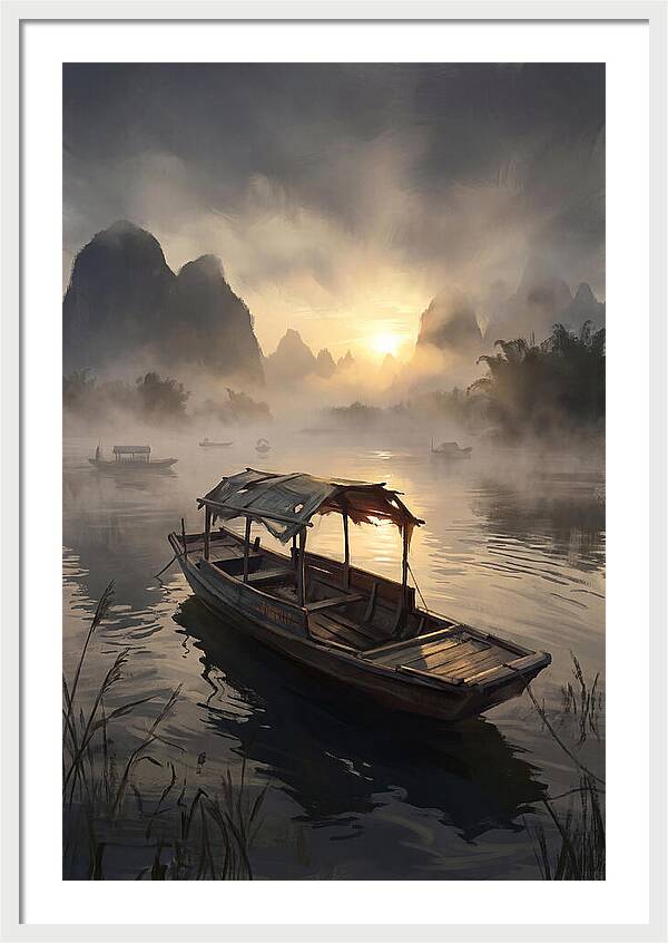 Traditional Wooden Sampan On Misty River