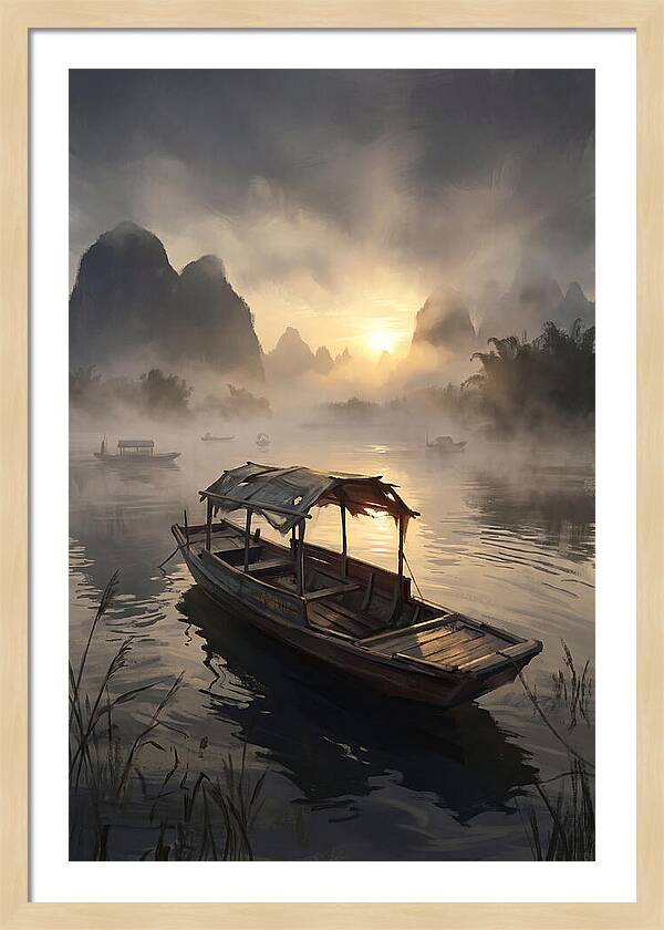 Traditional Wooden Sampan On Misty River