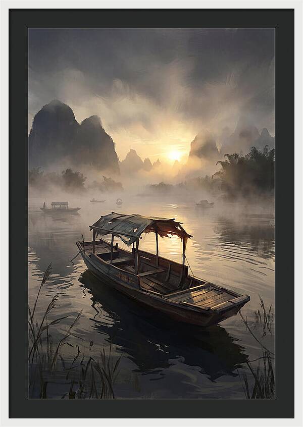 Traditional Wooden Sampan On Misty River
