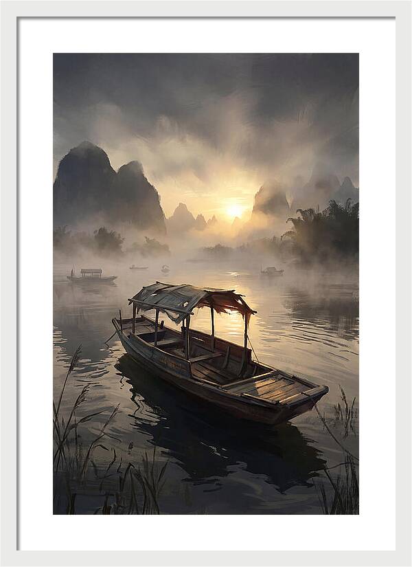 Traditional Wooden Sampan On Misty River