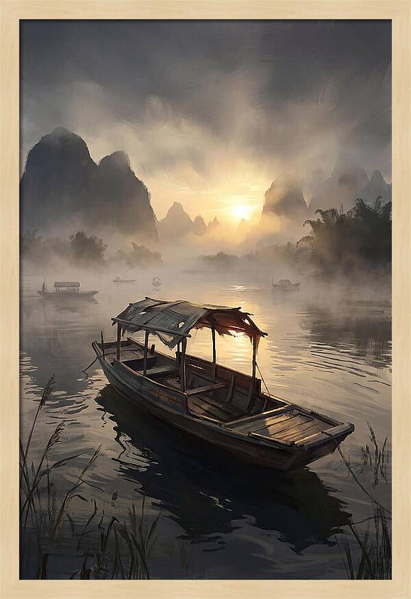 Traditional Wooden Sampan On Misty River