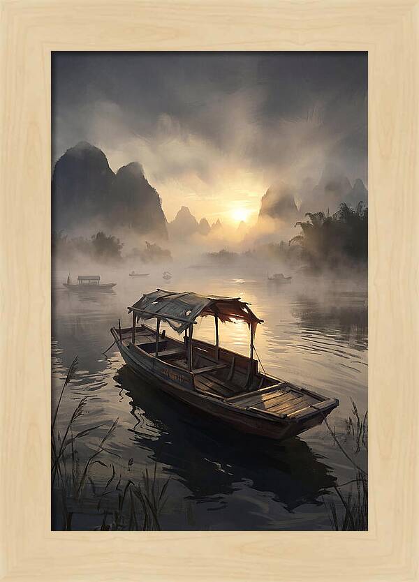 Traditional Wooden Sampan On Misty River