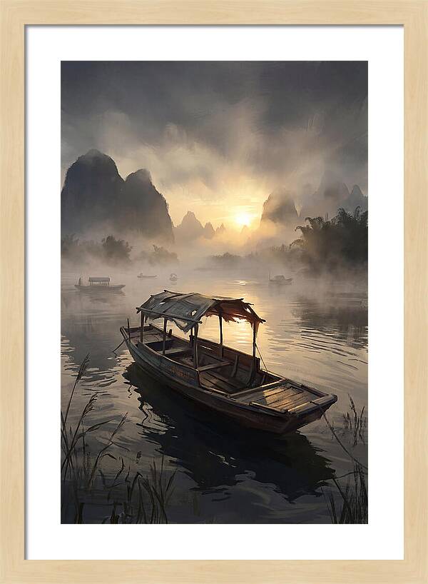 Traditional Wooden Sampan On Misty River