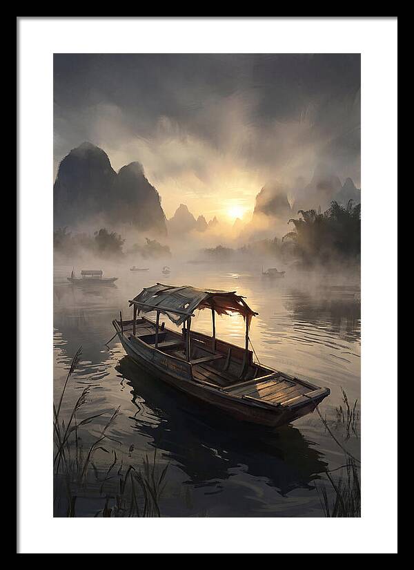 Traditional Wooden Sampan On Misty River