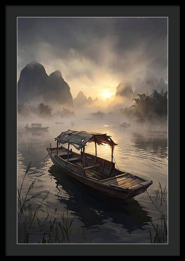Traditional Wooden Sampan On Misty River