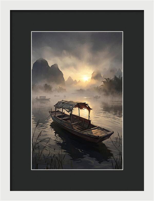Traditional Wooden Sampan On Misty River