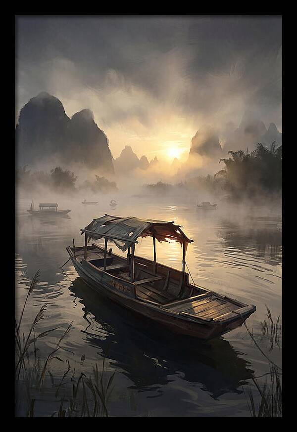 Traditional Wooden Sampan On Misty River