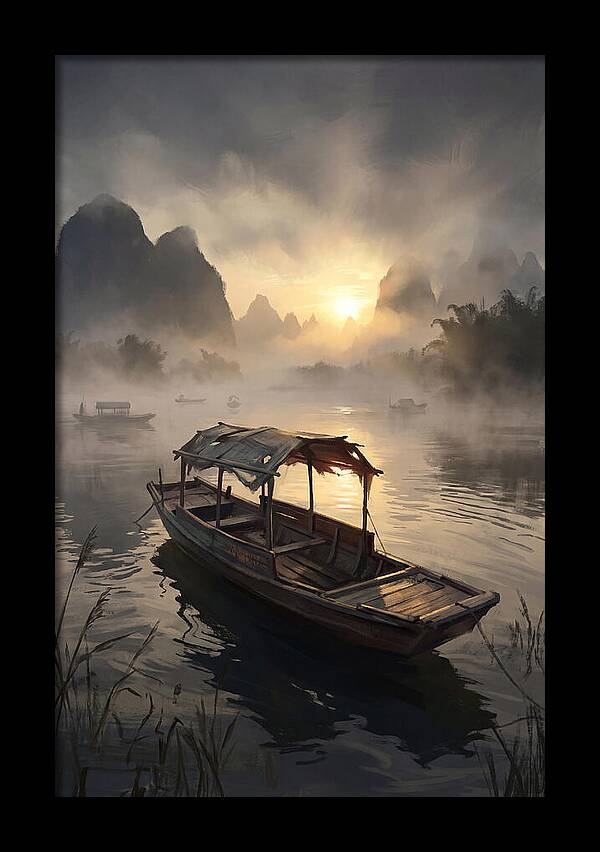 Traditional Wooden Sampan On Misty River