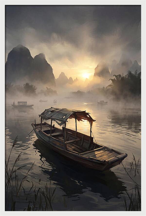 Traditional Wooden Sampan On Misty River