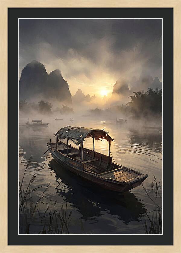 Traditional Wooden Sampan On Misty River