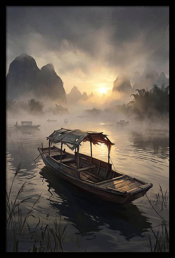 Traditional Wooden Sampan On Misty River