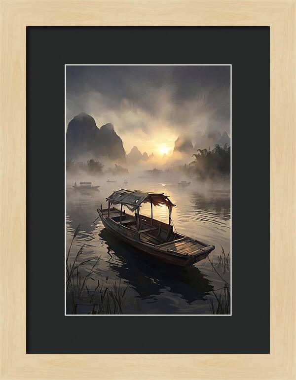 Traditional Wooden Sampan On Misty River