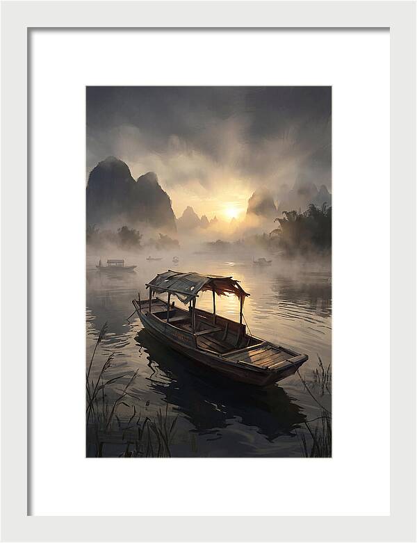 Traditional Wooden Sampan On Misty River