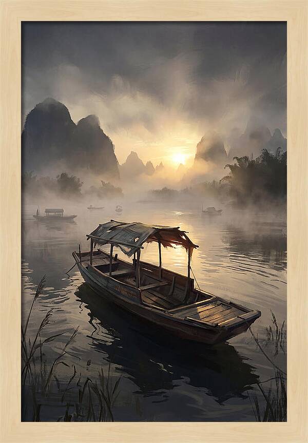 Traditional Wooden Sampan On Misty River