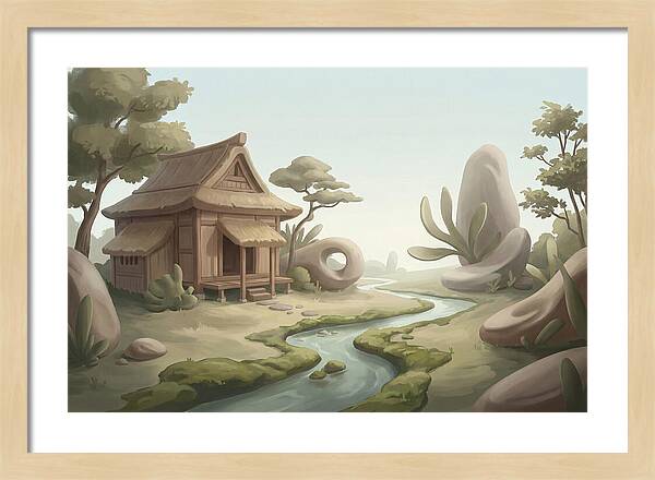 Traditional Wooden Structure By The Stream