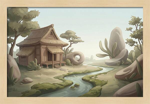 Traditional Wooden Structure By The Stream