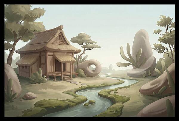 Traditional Wooden Structure By The Stream