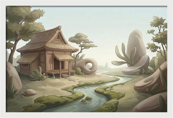Traditional Wooden Structure By The Stream