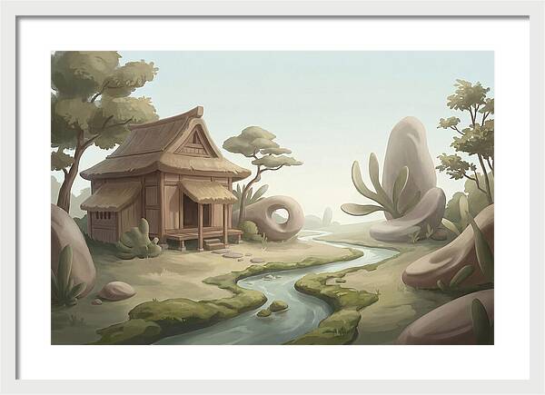 Traditional Wooden Structure By The Stream