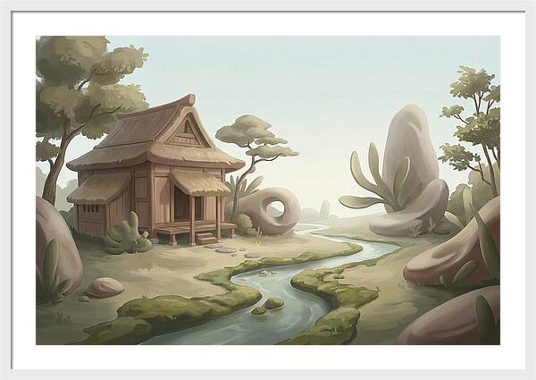 Traditional Wooden Structure By The Stream