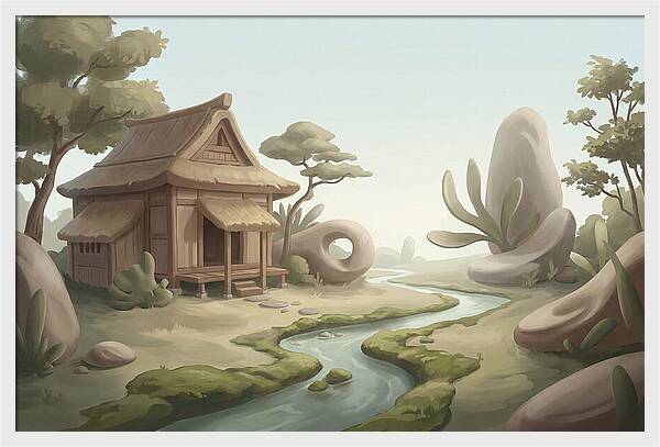 Traditional Wooden Structure By The Stream