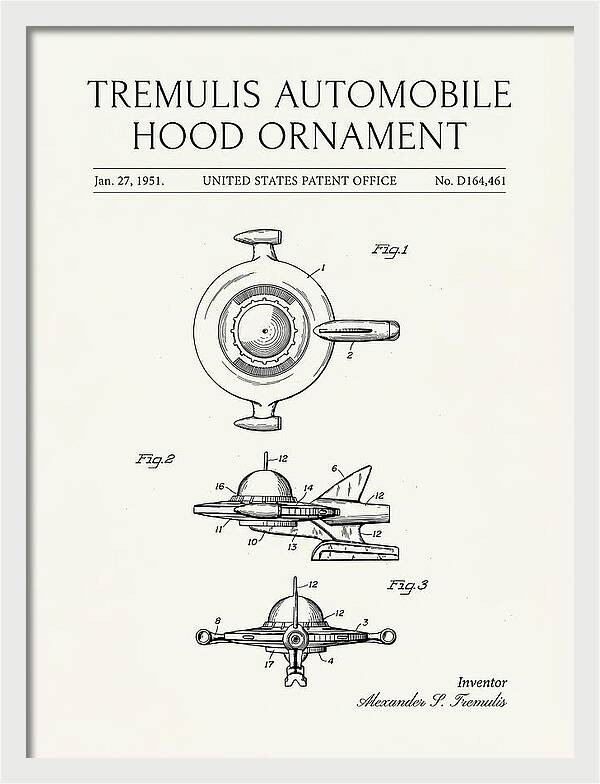 Tremulis Automobile Hood Ornament Minimalist Patent Usd164461s