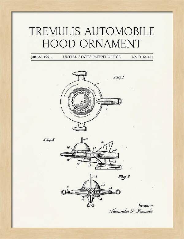 Tremulis Automobile Hood Ornament Minimalist Patent Usd164461s