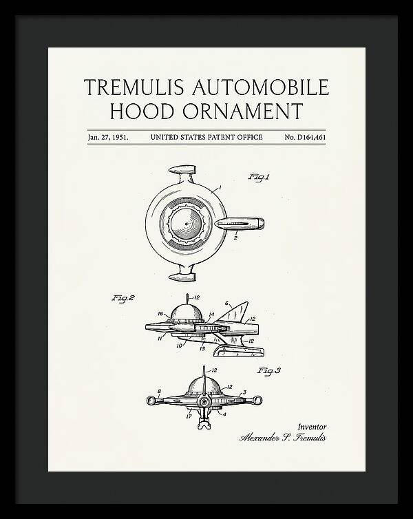 Tremulis Automobile Hood Ornament Minimalist Patent Usd164461s