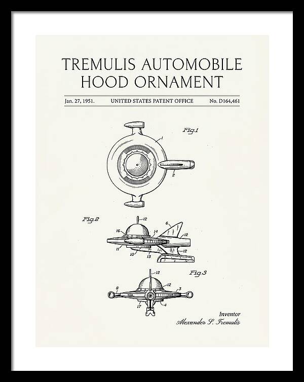Tremulis Automobile Hood Ornament Minimalist Patent Usd164461s